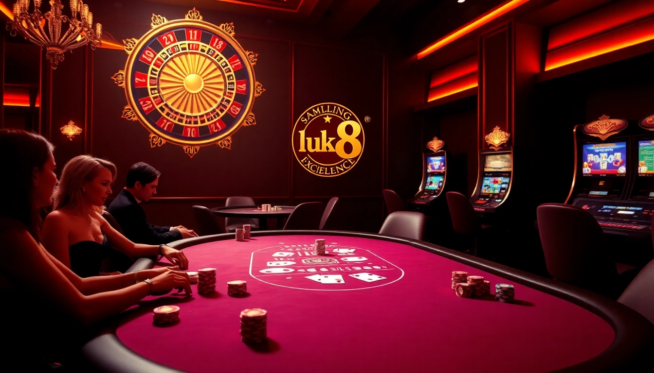 Engage with vibrant gaming action at luck8 trang chủ, featuring an elegant poker table and roulette wheel.