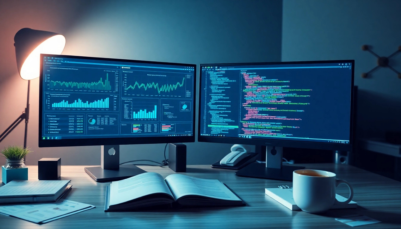Web scrapping data visualization in a modern workspace with dual screens and financial charts.