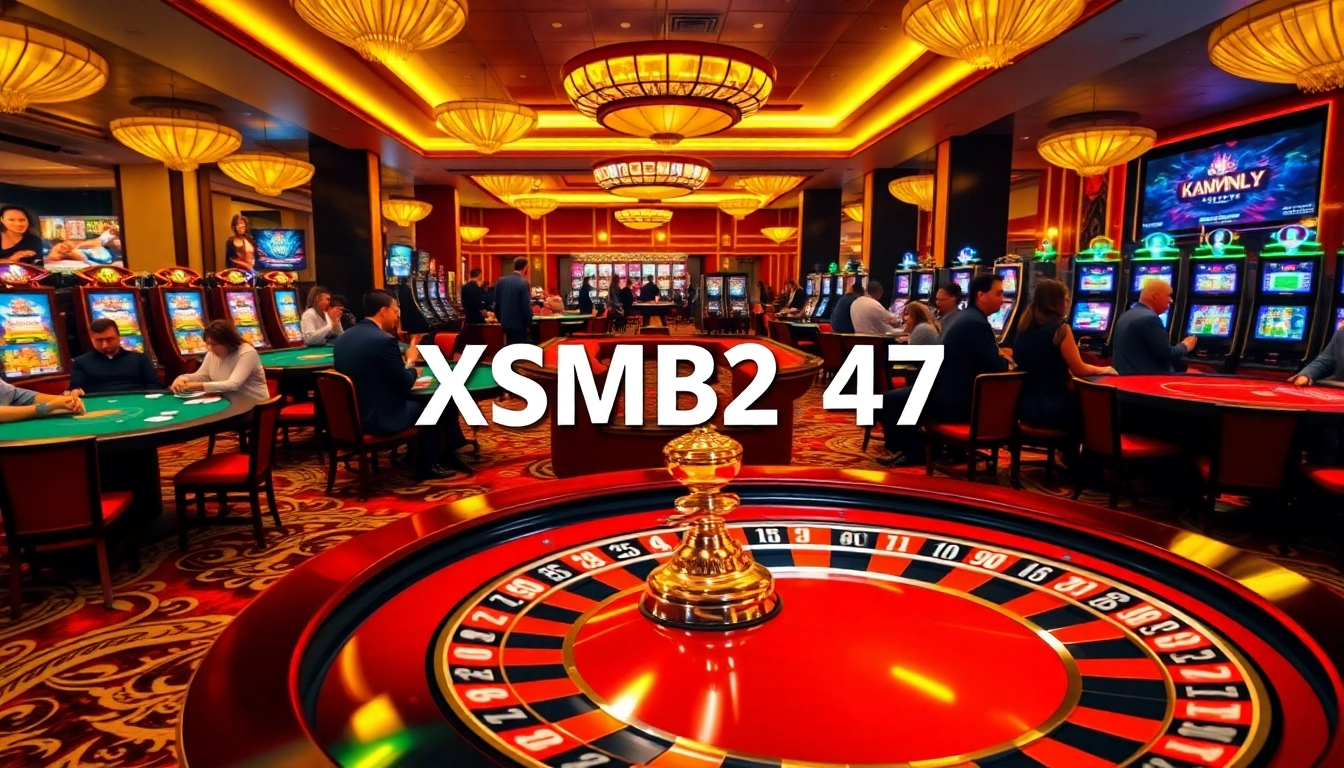 XSMB247 players enjoying the excitement of a luxurious casino atmosphere with roulette and poker tables.