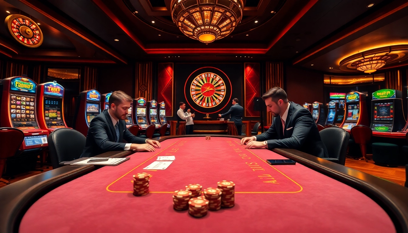 Experience excitement at SAOBET's luxurious casino with poker tables and vibrant slot machines.