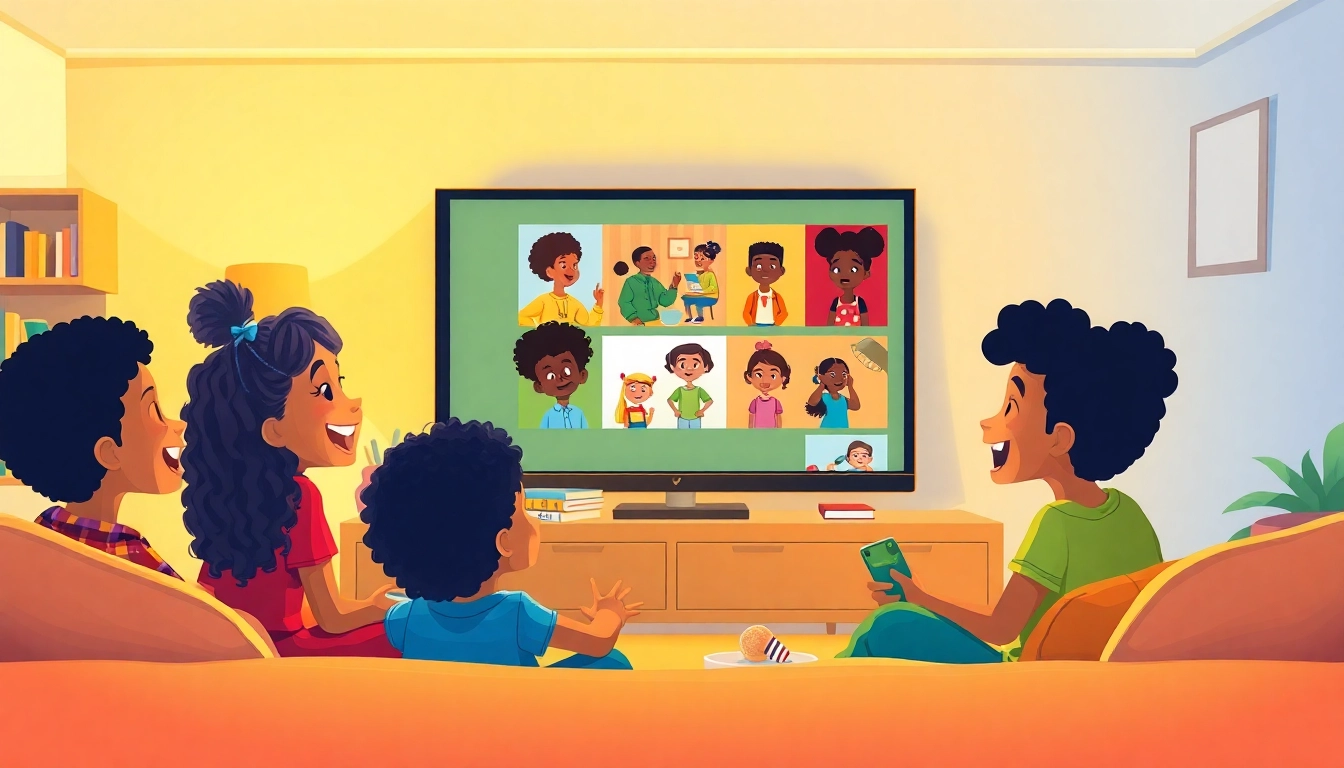 A diverse group of children enjoying African American cartoons in a lively living room.