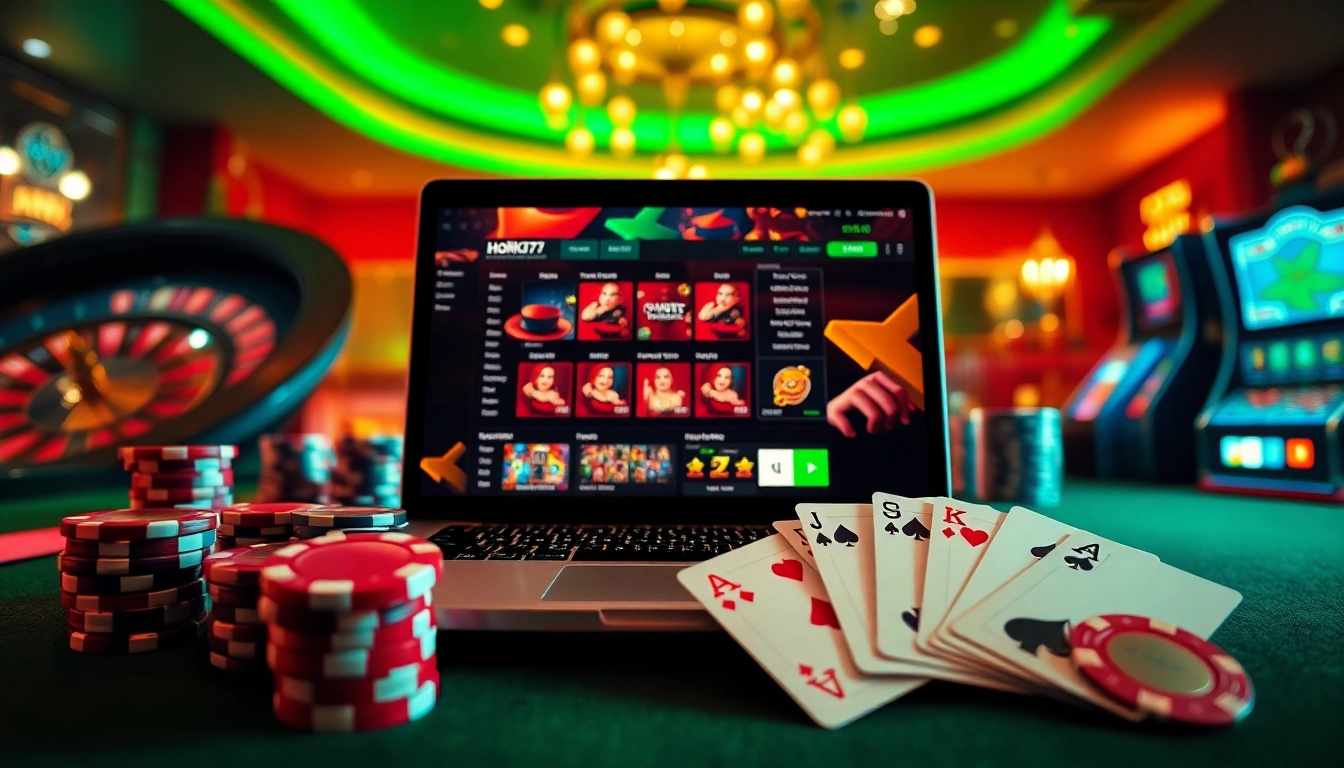 Experience the thrill of Hoki77 online gaming with poker chips and vibrant casino elements.