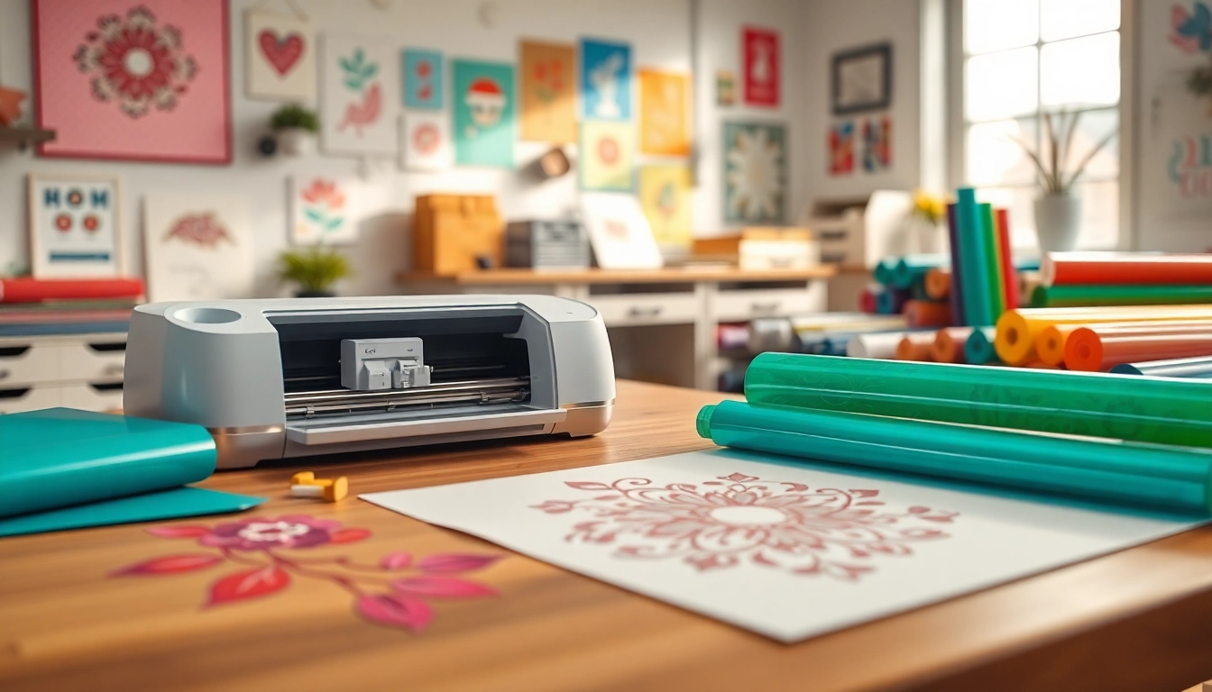 Cricut SVG designs in a vibrant crafting workspace with a cutting machine.