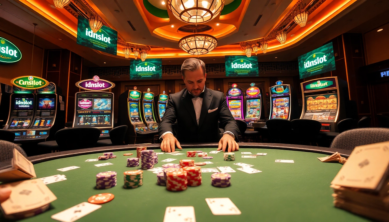 Experience thrilling gameplay with idnslot as vibrant slot machines light up a luxury casino scene.