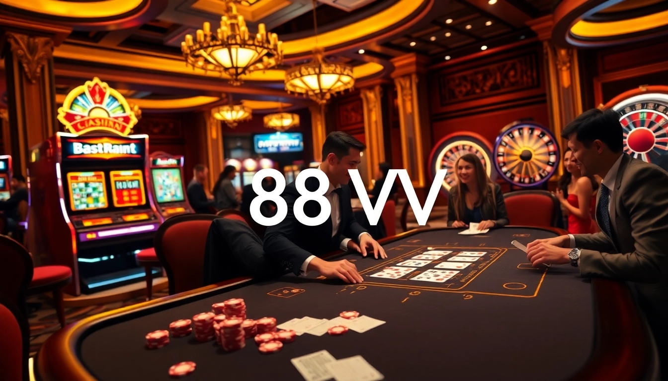 Exciting gambling at 88VV with casino tables, vibrant slots, and engaging players.