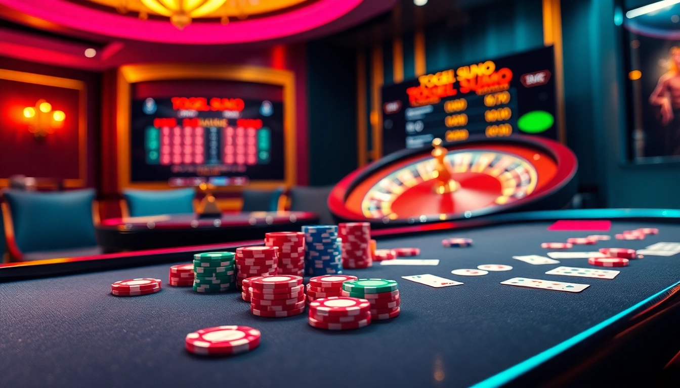 Adegan meja poker yang menarik dengan opsi taruhan togel sumo, warna-warni cerah, dan elemen kasino mewah.