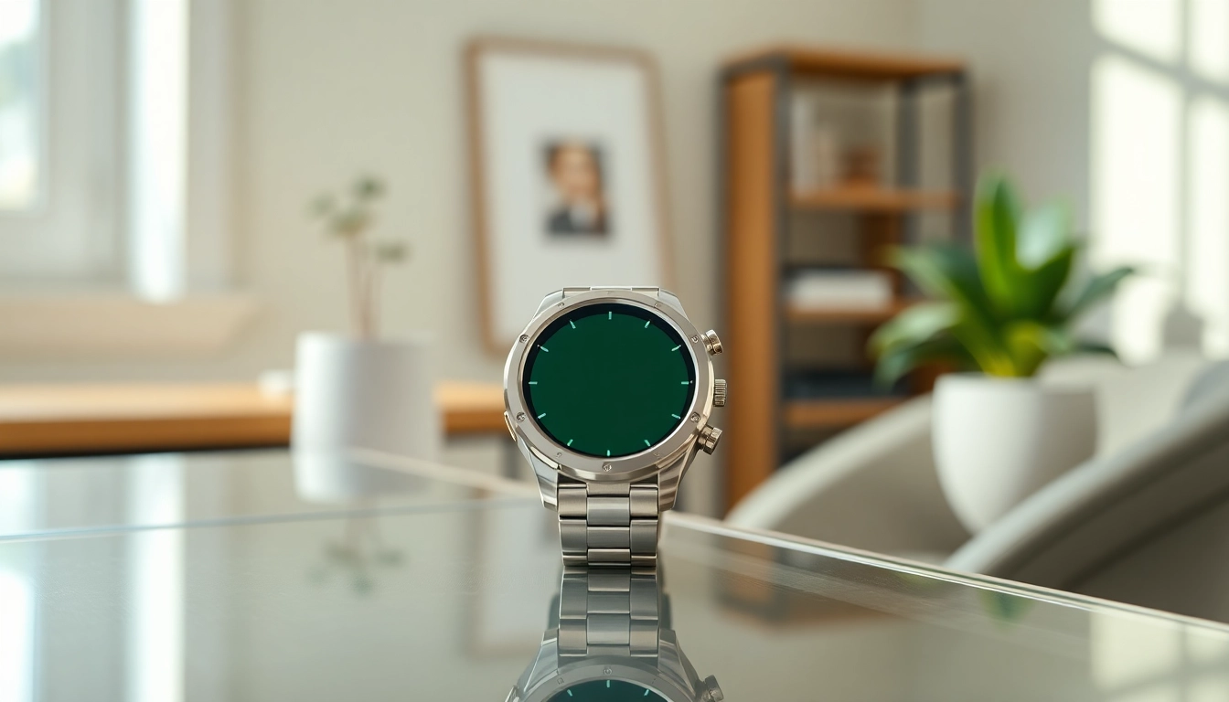Showcasing a Pulse Smart Watch on a sleek surface, emphasizing its vibrant interface and modern design.