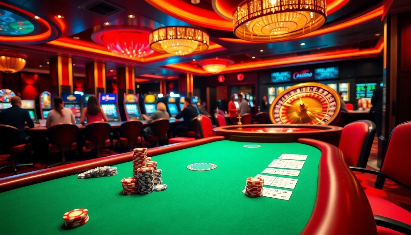 Action intense au casino en ligne à une table de poker luxueuse avec des piles de jetons vibrantes.