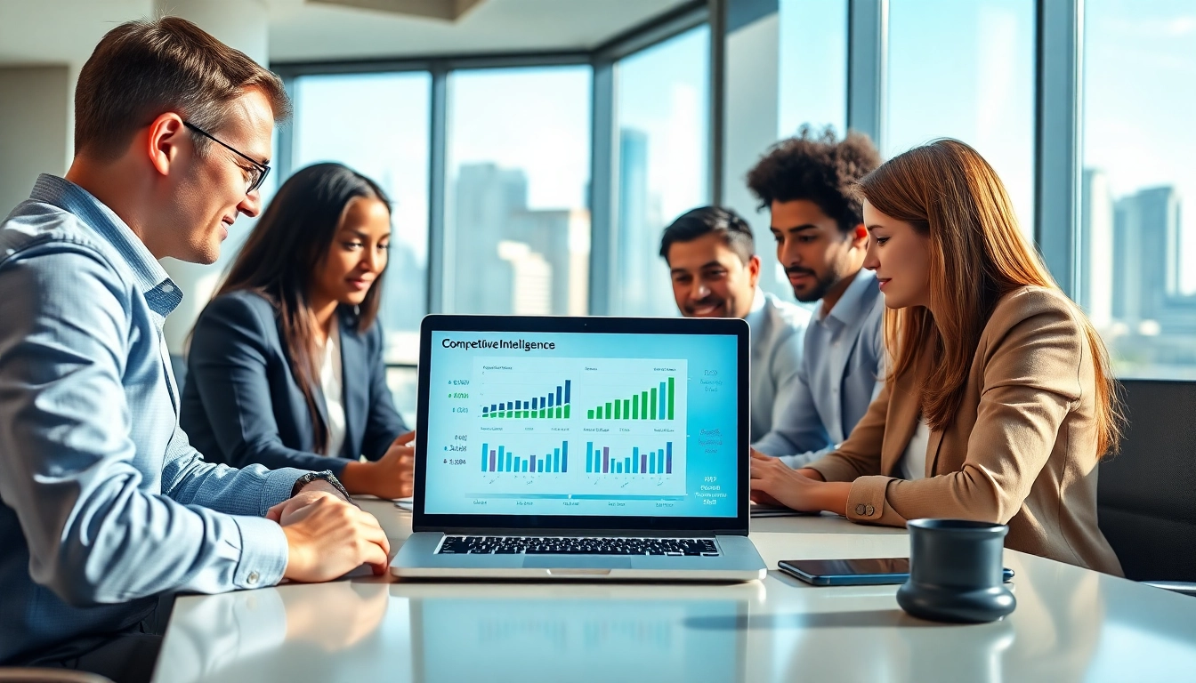 Explore competitive intelligence faqs through a vibrant business meeting focused on digital analysis.