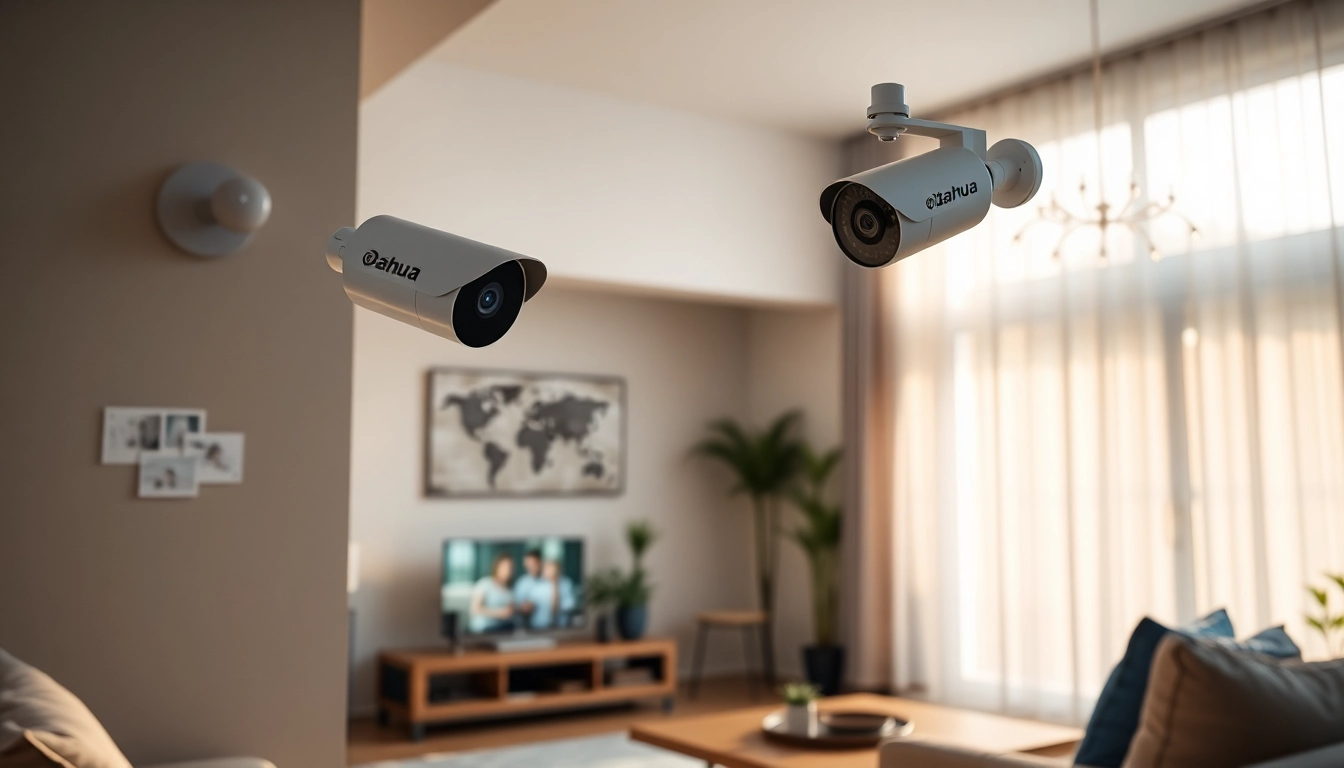 Cámaras Dahua que muestran tecnología avanzada de seguridad para el hogar en una sala de estar moderna.