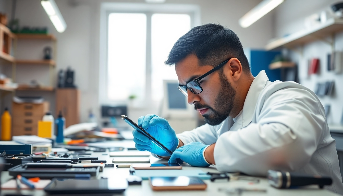 Expert technician conducting screen repair on a smartphone in a bright workshop.