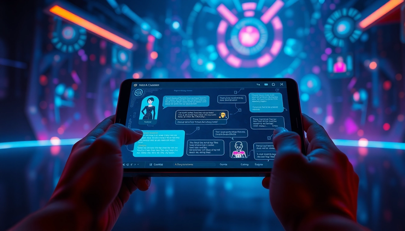 Engaging NSFW AI chatbot interface in a futuristic setting, highlighting interactivity.