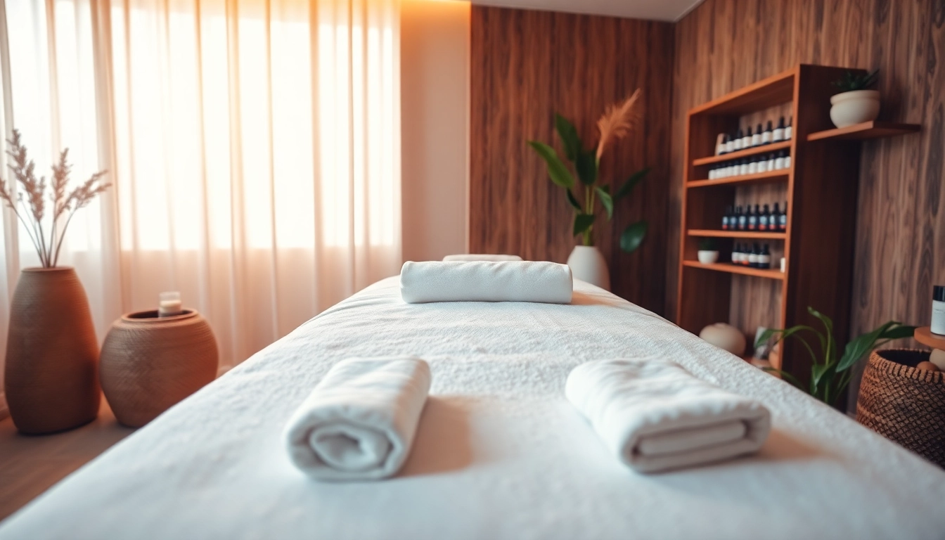편안한 조명과 에센셜 오일이 있는 마사지 치료실.