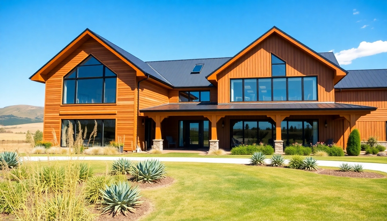 Winding River Farmhouse New Build showcasing modern design with landscaped garden and scenic rural backdrop.