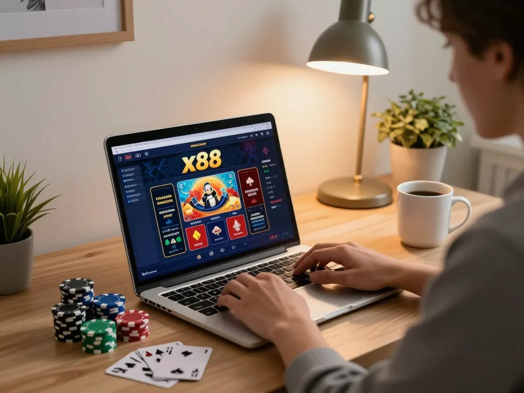 x88 online gaming setup with player focused on laptop and poker chips.