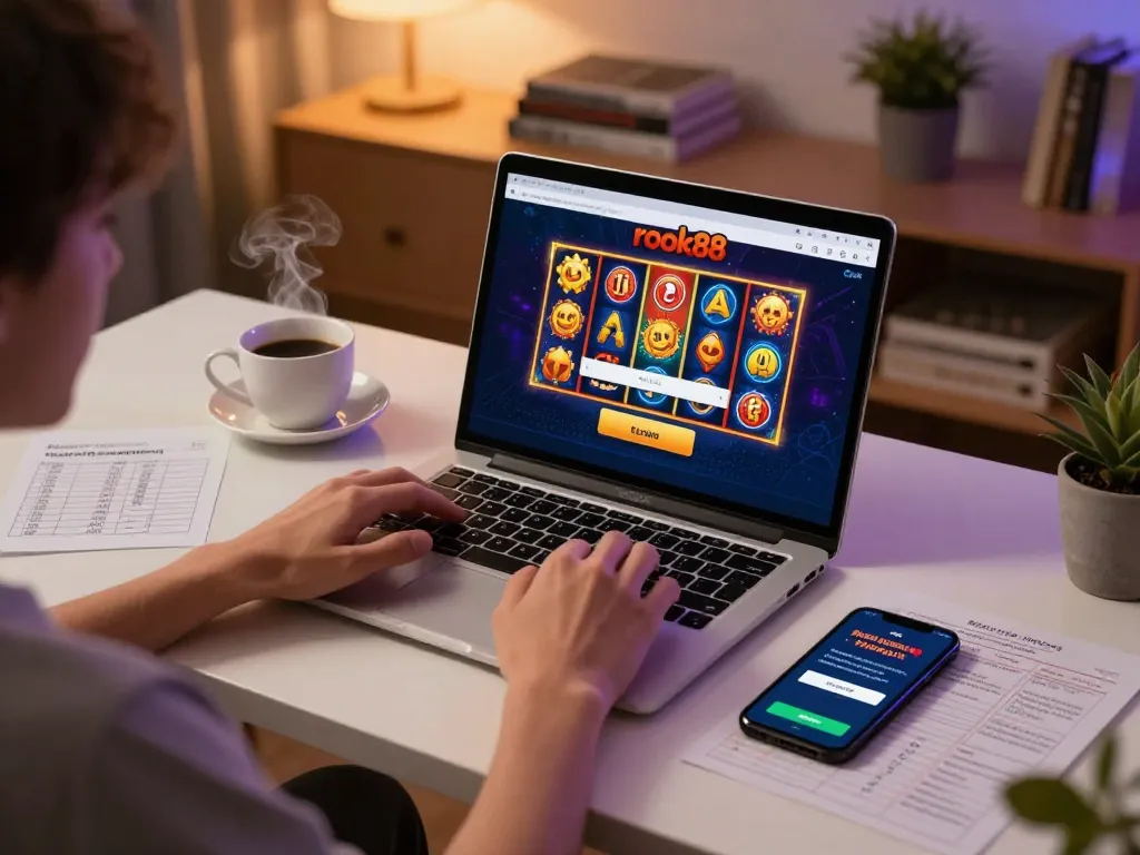 Engaging in rokok88 slot login, a player uses a laptop for online casino gaming with strategic notes nearby.