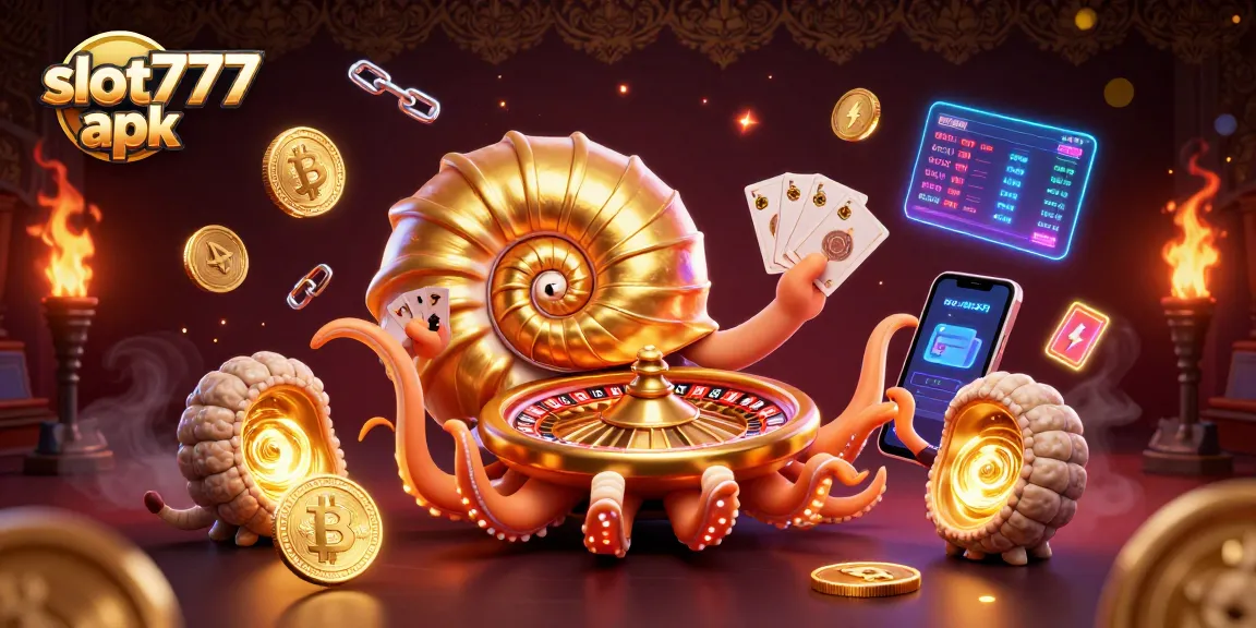 Engage with slot777 apk by spinning the reels of a vibrant 3D casino scene featuring a giant nautilus and glowing coins.