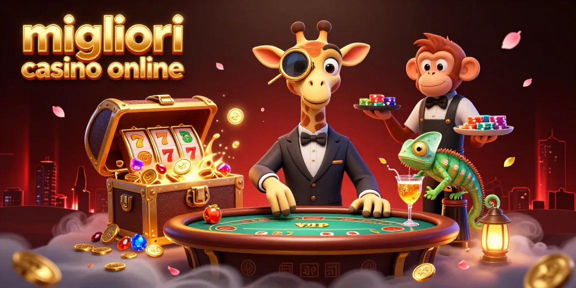 Illustrazione 3D di un giraffa high-roller nei migliori casino online che gioca a poker con un camaleonte e una scimmia.