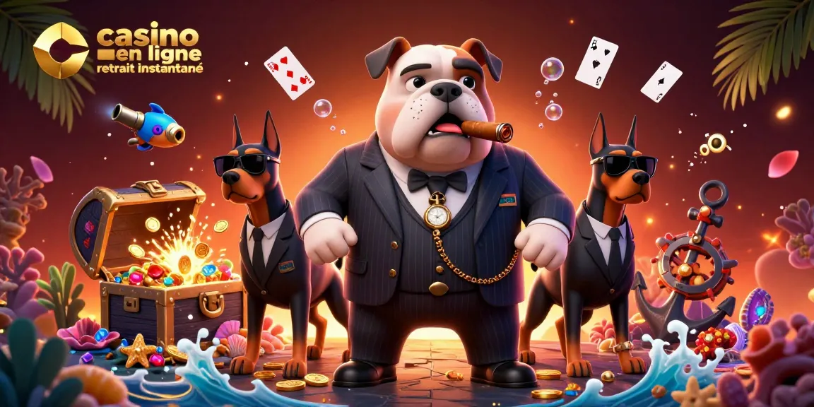 Retrait instantané au casino en ligne avec un bulldog mafia et ses gardes du corps, ambiance festive.