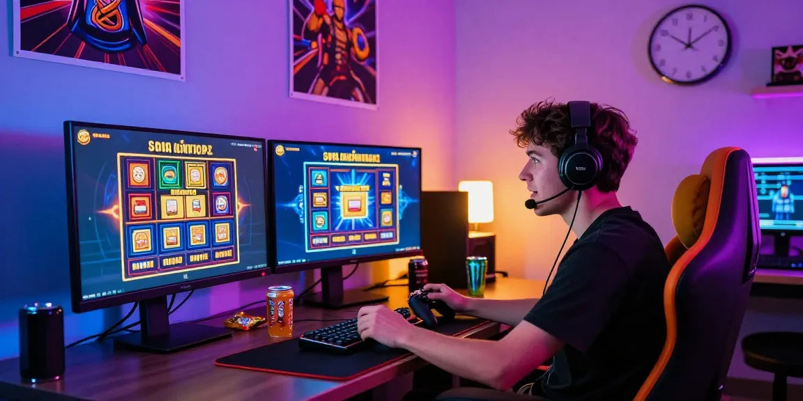 Player enjoying a slot depo 1000 game in a vibrant gaming room with colorful lights and dual monitors.