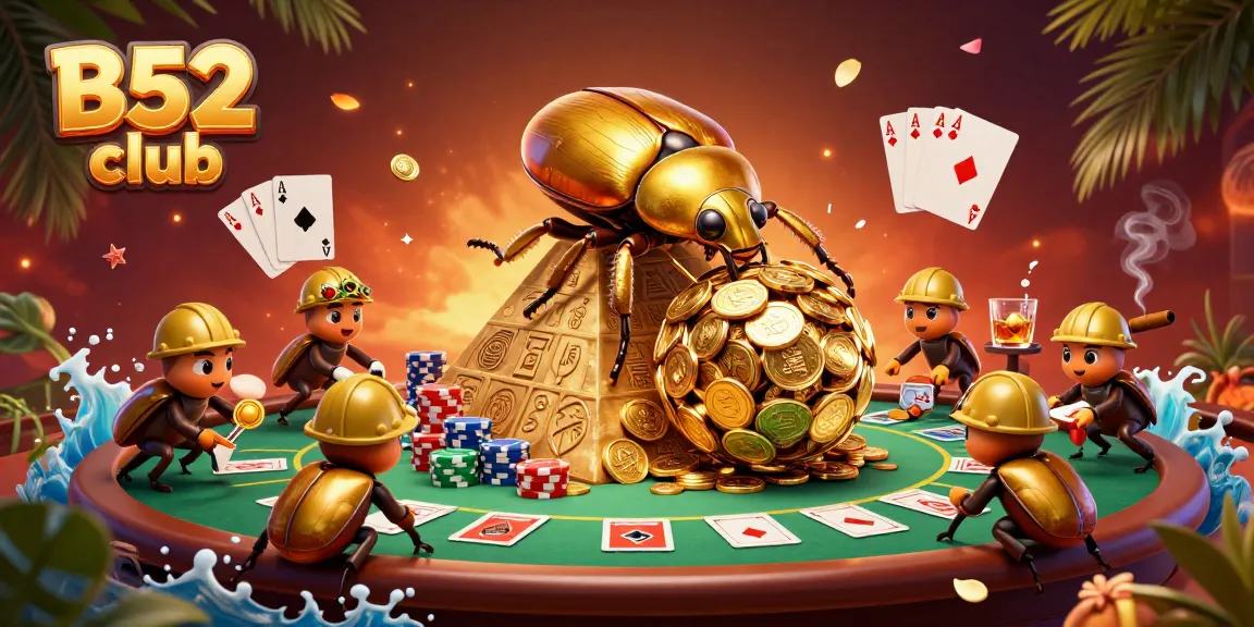 Experience thrilling gaming adventures at B52 club with golden beetles rolling coins in a vibrant casino atmosphere.