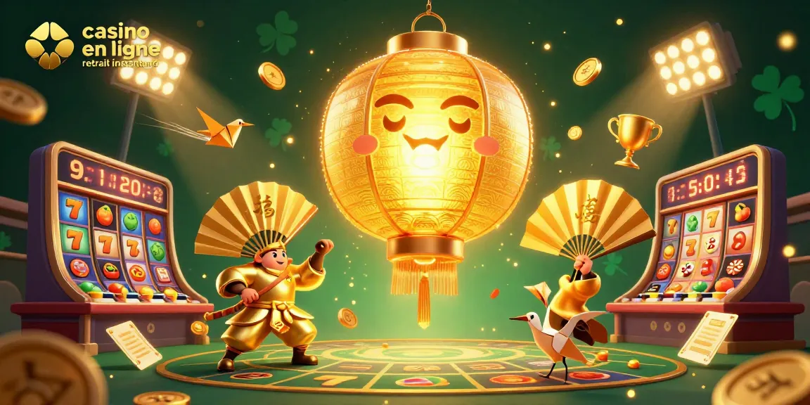 Jouez dans un casino en ligne retrait instantané avec des illustrations captivantes de personnages et éléments de jeu.