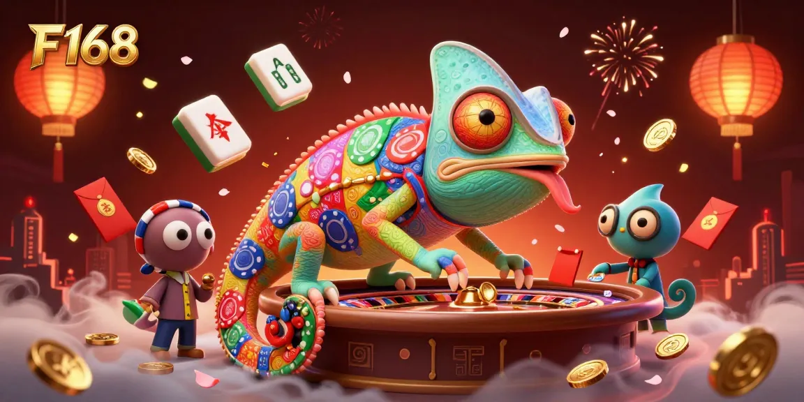 Experience the vibrant gaming world of F168 with a colorful chameleon casino owner amidst festive elements.