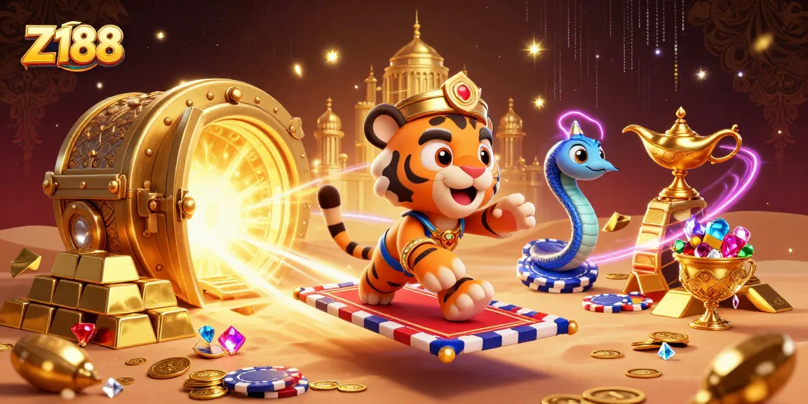 Z188 players spin the reels of golden slot machines in a vibrant casino with treasure and jewels.