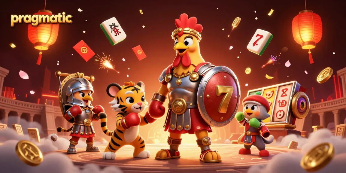 Experience pragmatic casino thrills with a lively 3D illustration of a rooster gladiator, filling the scene with excitement.