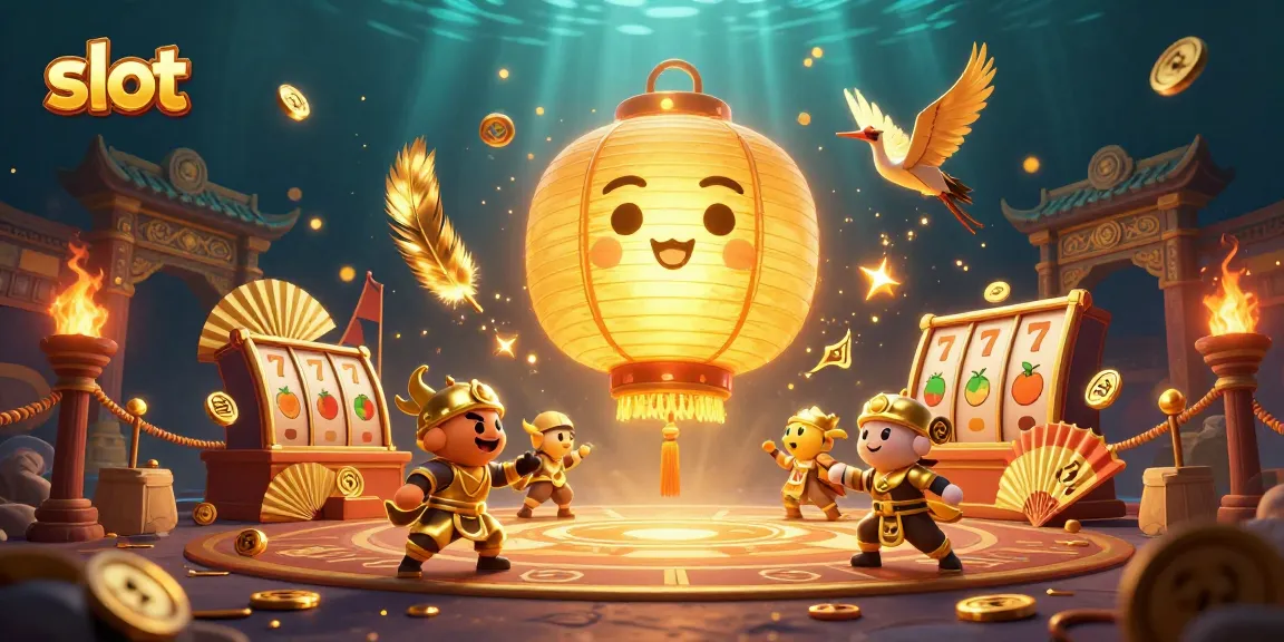 Engage with vibrant slot reels alongside a golden lantern spirit in a dynamic casino scene.