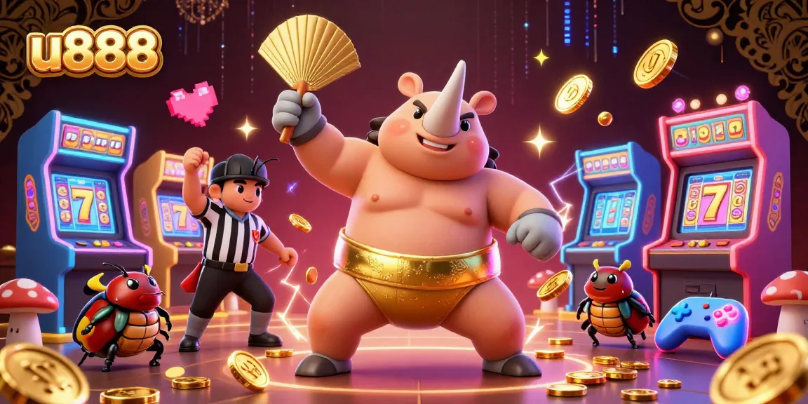 Engage in exciting gameplay with u888 as a sumo champion beetle sends coins flying in a thrilling casino scene.
