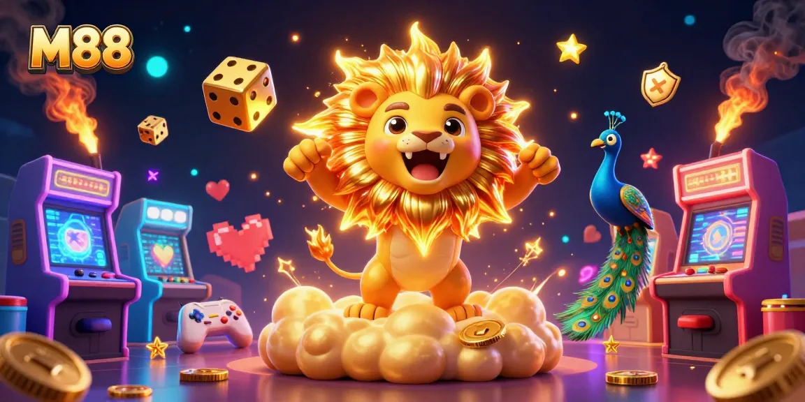 M88 plays host to a vibrant 3D illustration of a lion and colorful casino elements, capturing the essence of online betting.