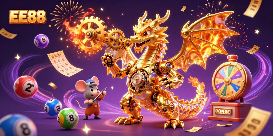 EE88 showcases an energetic scene with a golden dragon and a mouse engineer amid colorful lottery elements.