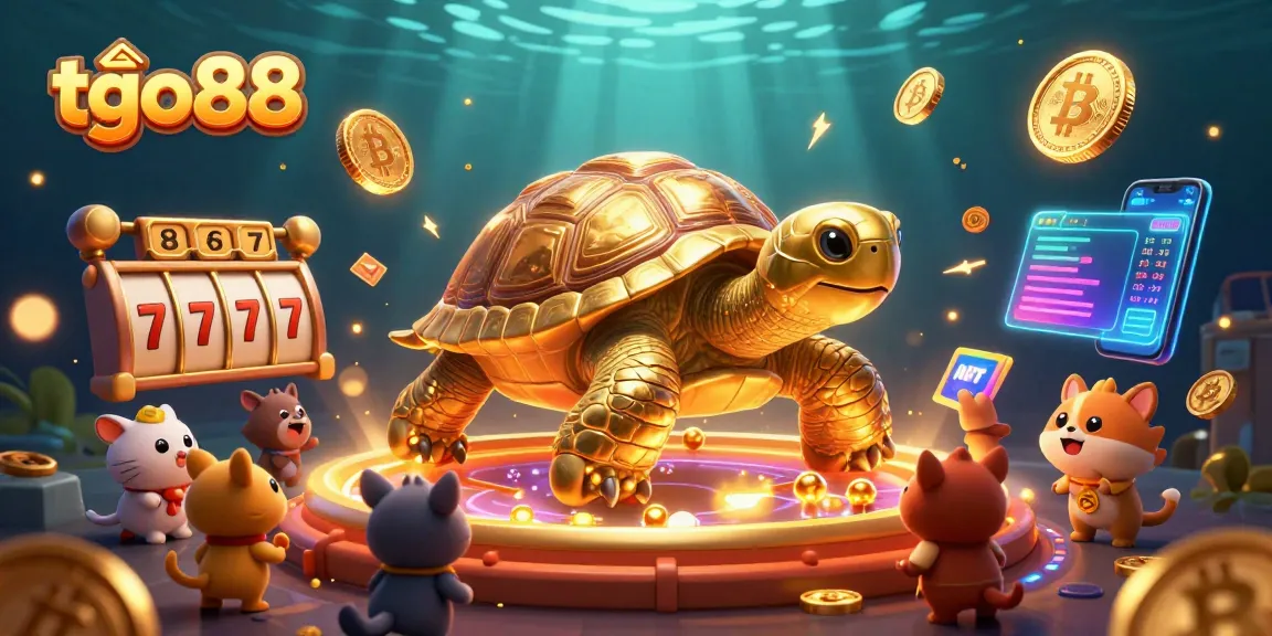 Tải go88 with a vibrant scene showcasing a colossal golden tortoise in a casino environment, engaging players with exciting slot elements.