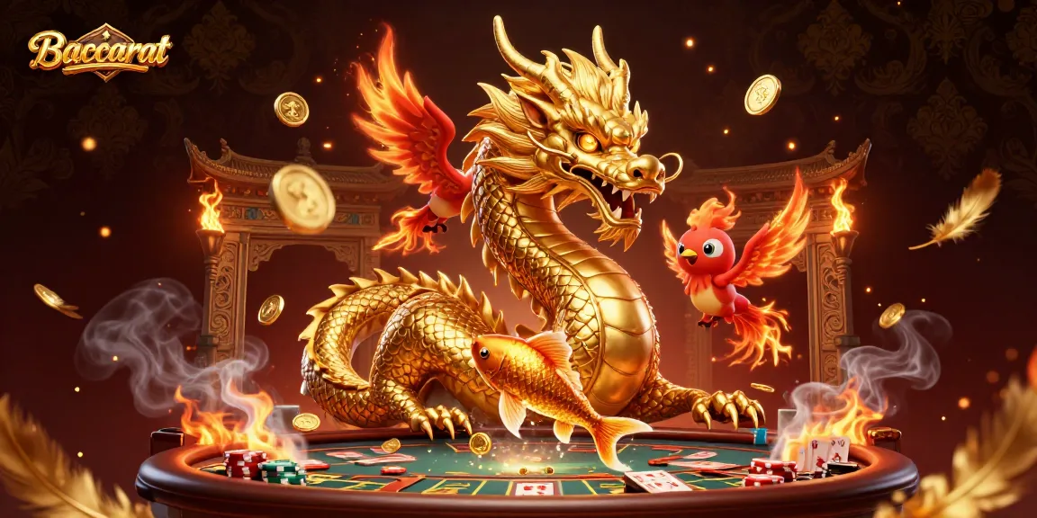 Baccarat scene showcasing a fierce dragon, a phoenix, and a koi fish amidst casino elements and vibrant gold.