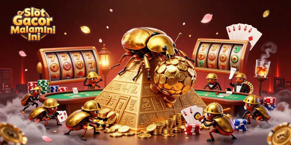Experience the vibrant Slot Gacor Malam Ini scene with golden beetles and rich casino elements.