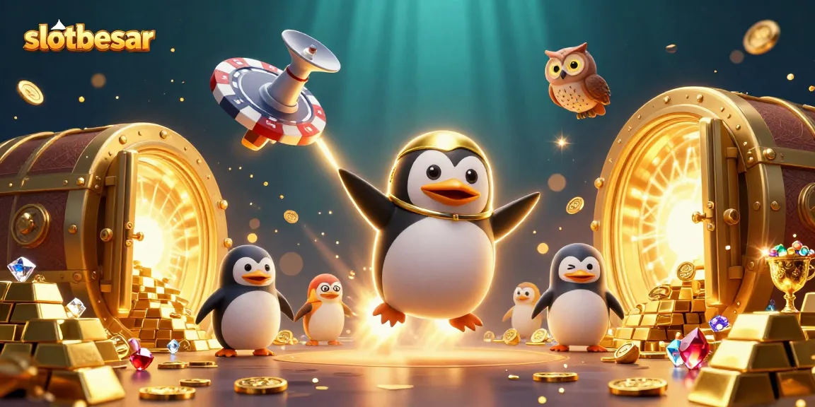 Play slotbesar and uncover treasure with golden penguin amidst vibrant casino elements.