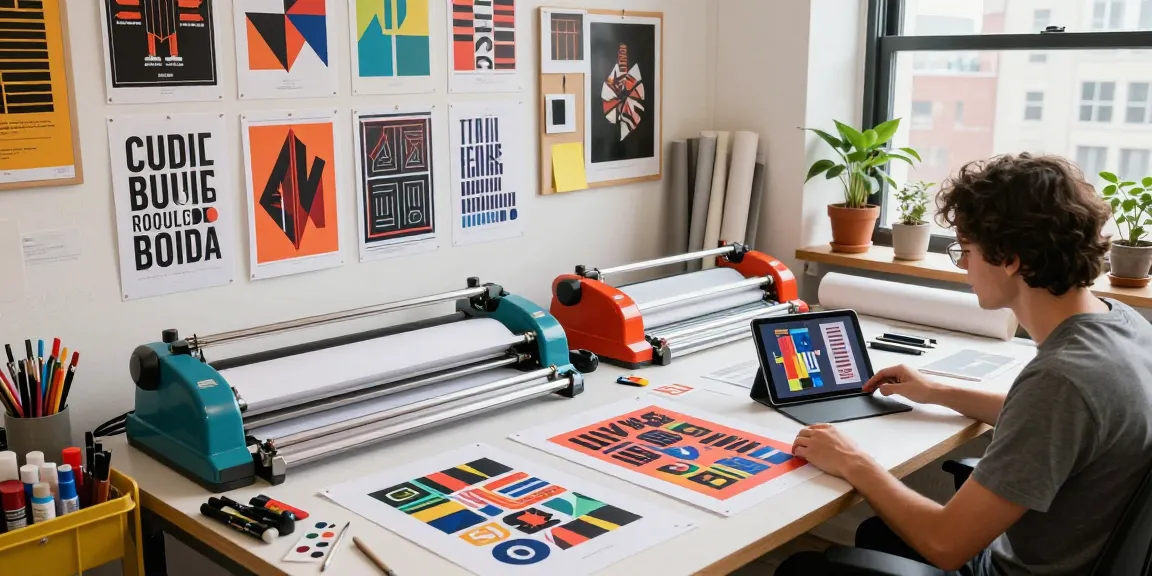 Designer using poster making machines in a vibrant print studio, showcasing creativity and design.