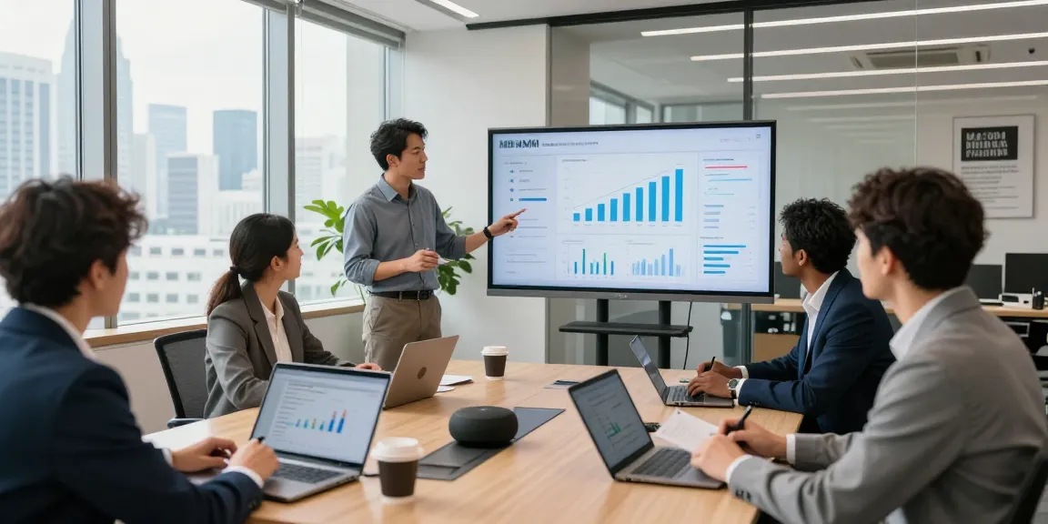 Team strategizing in a modern office about MBM performance metrics.