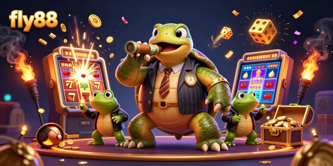 Experience thrilling gameplay with fly88’s vibrant casino illustration featuring an energetic turtle mobster scene.