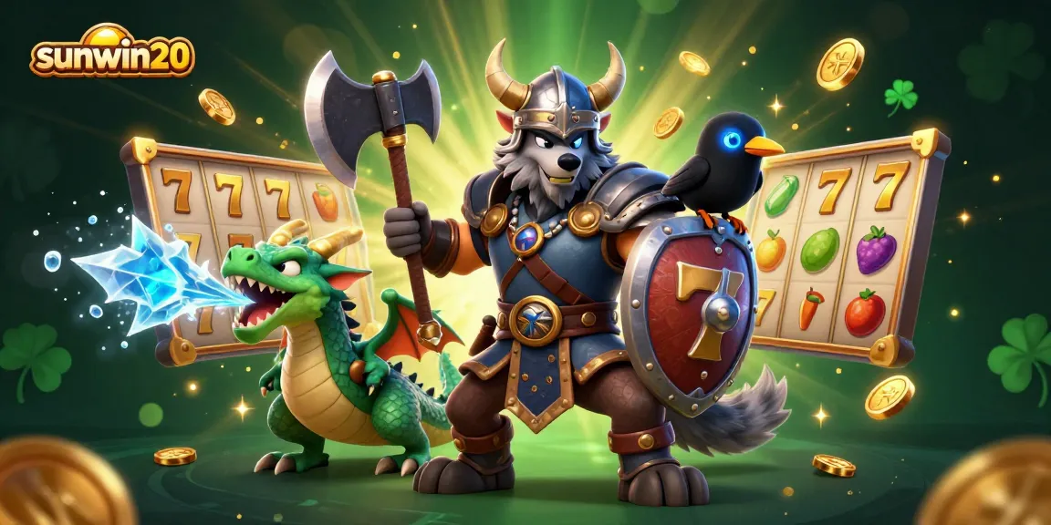 Engage with sunwin20's thrilling slots featuring a Viking wolf warrior, dragon, and rich game elements.