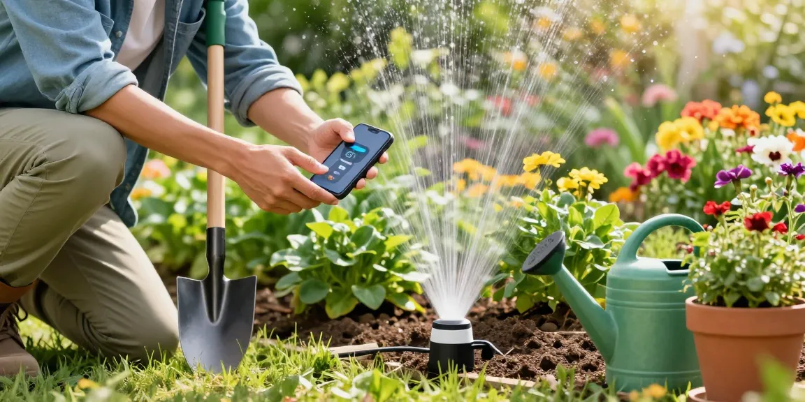 wifi sprinkler controller setup in a vibrant garden with lush plants and a gardener using a smartphone.