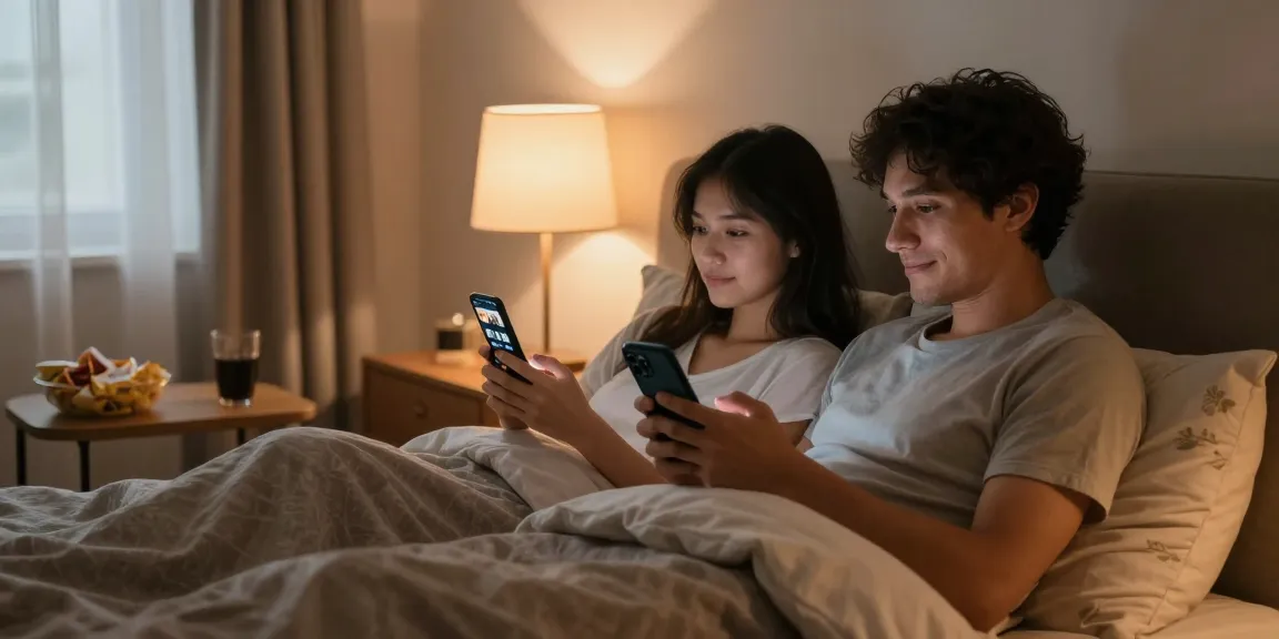 Couple enjoying سكس مصري content on smartphones in cozy bedroom ambiance