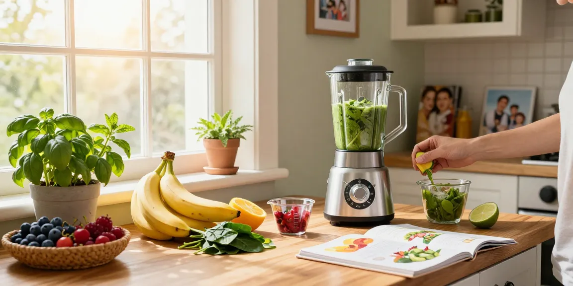 Preparing a nutritious smoothie with health tips in a bright kitchen setting.