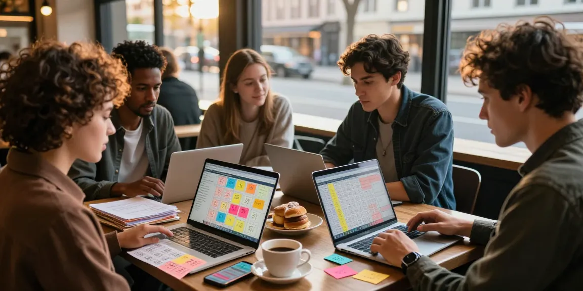 Diskusi strategi angka untung di kafe dengan catatan dan perangkat digital.